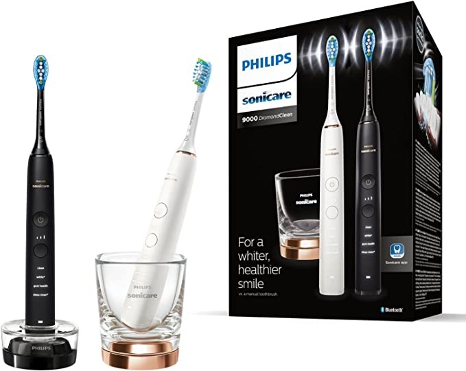 Philips Sonicare DiamondClean 9000 Electric Toothbrush, Two-Pack HX9914/57-2 Sonic Toothbrushes, with 4 Cleaning Programs, Timer and Charging Glass, New Generation, Black + Rose Gold