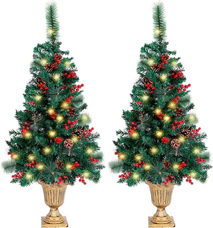 Juegoal 4 FT Christmas Tree, Pre-Lit Crestwood Spruce Entrance Tree with 120 LEDs Fairy Lights, Pine Cones, Red Berries in Gold Urn Base for Front Door, Porch, Entryway Xmas Home Decorations, 2 Pack
